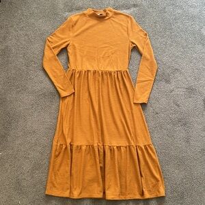 LONG-SLEEVES DRESS - Women’s Mustard Long-Sleeve Mock-neck Dress - size M